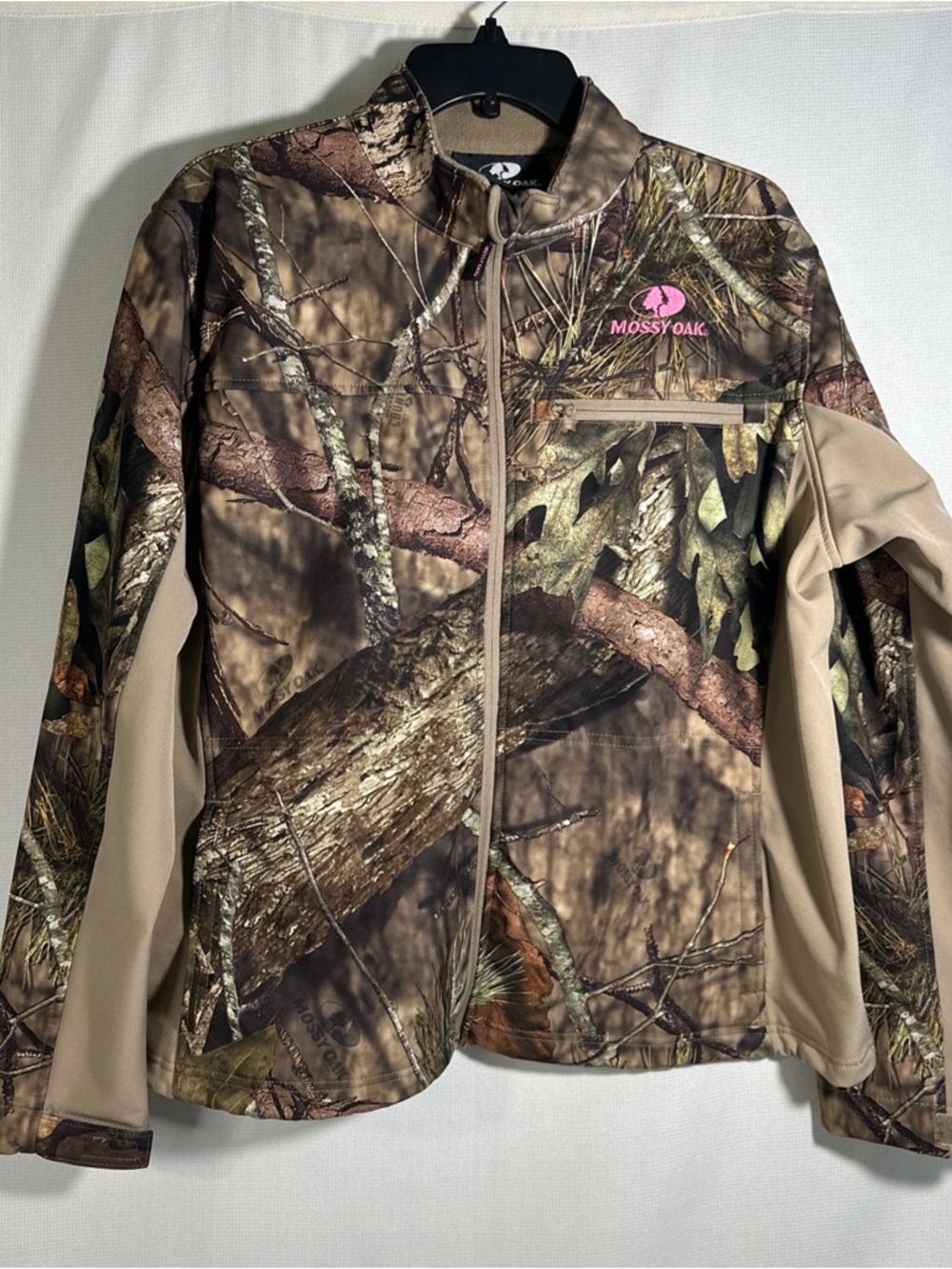 Mossy Oak Camo Utility Jacket with Tan Panels and Pink Logo